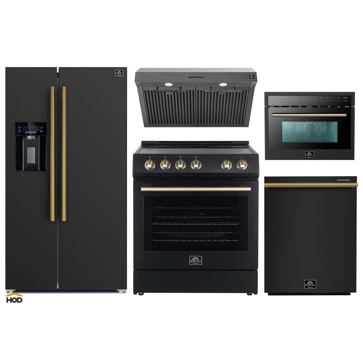 Forno 5-Piece Appliance Package - 30-Inch Electric Range, Under Cabinet Range Hood, Refrigerator with Water Dispenser, Dishwasher, and 24-Inch Microwave Drawer in Black with Antique Brass Trim