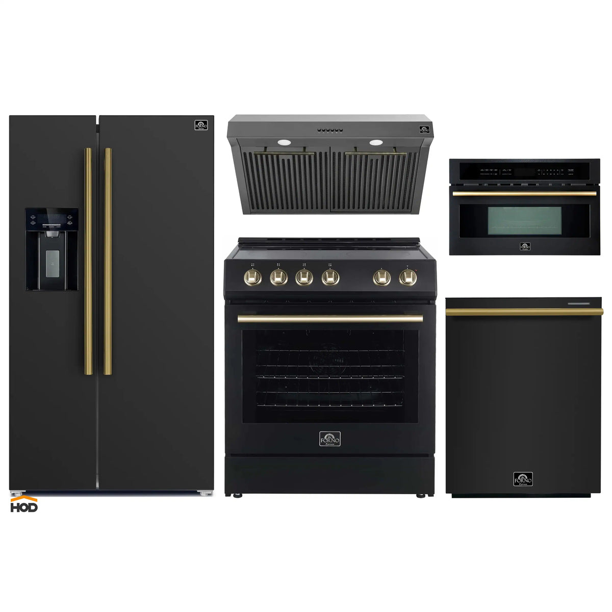 Forno 5-Piece Appliance Package - 30-Inch Electric Range, Under Cabinet Range Hood, Refrigerator with Water Dispenser, Dishwasher, and 30-Inch Microwave Oven in Black with Antique Brass Trim