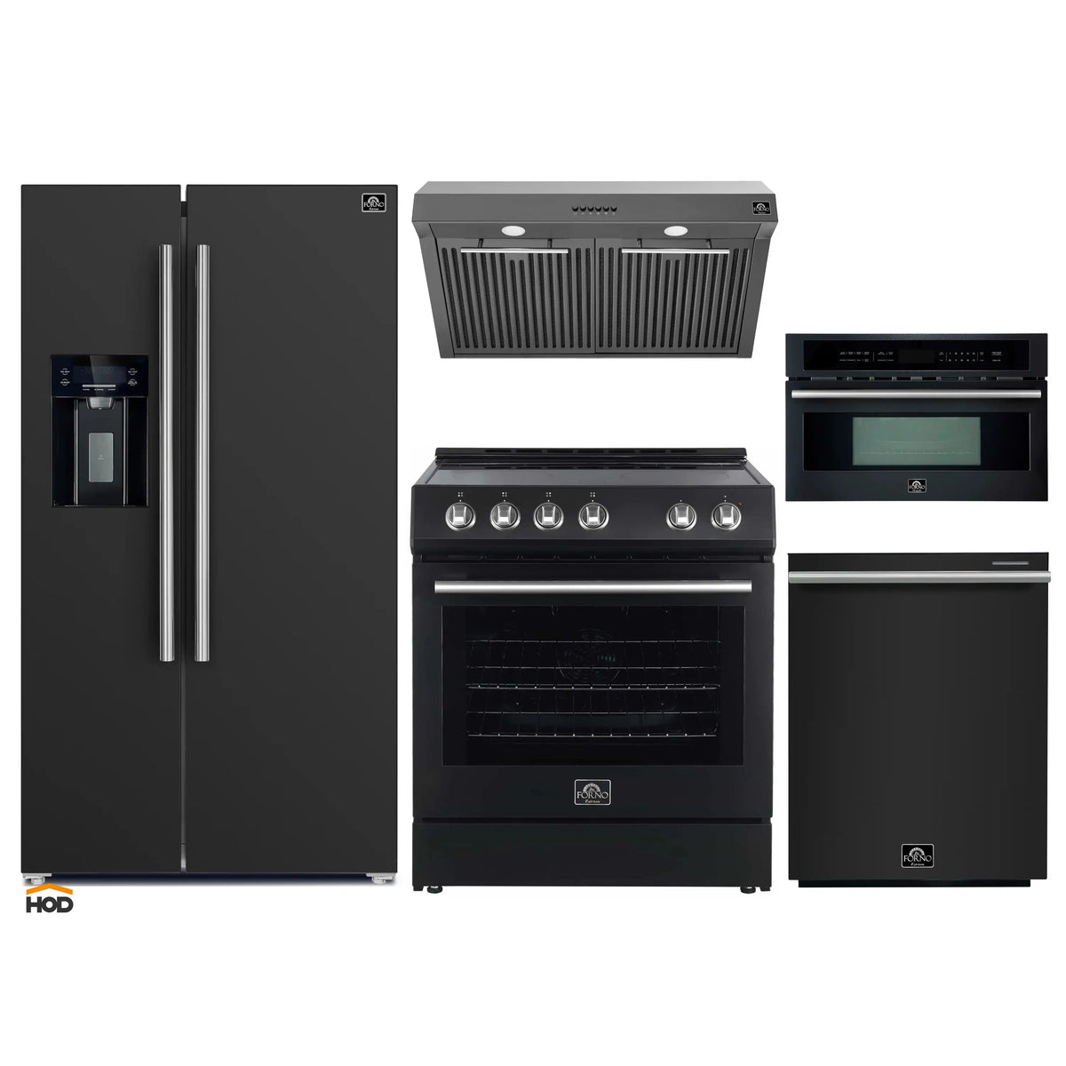 Forno 5-Piece Appliance Package - 30-Inch Electric Range, Under Cabinet Range Hood, Refrigerator with Water Dispenser, Dishwasher, and 30-Inch Microwave Oven in Black with Stainless Steel Trim