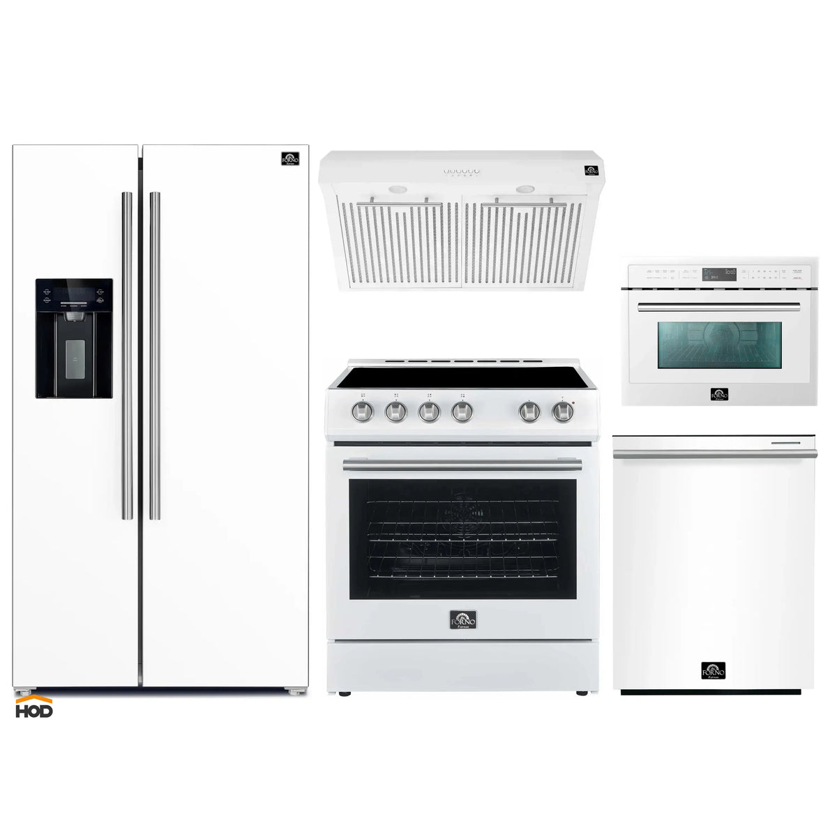 Forno 5-Piece Appliance Package - 30-Inch Electric Range, Under Cabinet Range Hood, Refrigerator with Water Dispenser, Dishwasher, and  24-Inch Microwave Drawer in White with Stainless Steel Trim