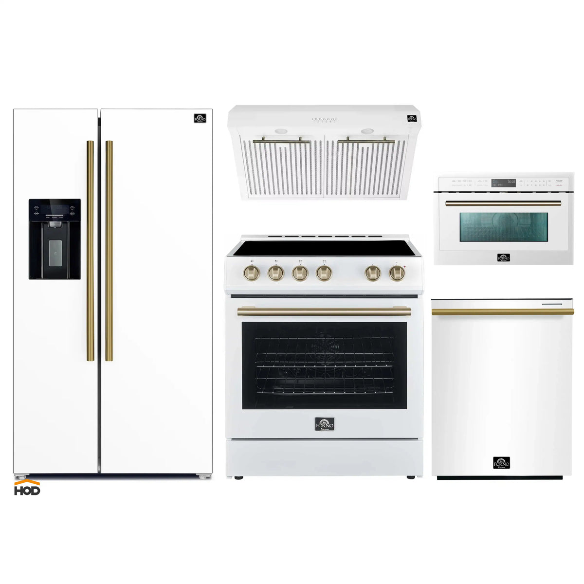 Forno 5-Piece Appliance Package - 30-Inch Electric Range, Under Cabinet Range Hood, Refrigerator with Water Dispenser, Dishwasher, and 30-Inch Microwave Oven in White with Antique Brass Trim