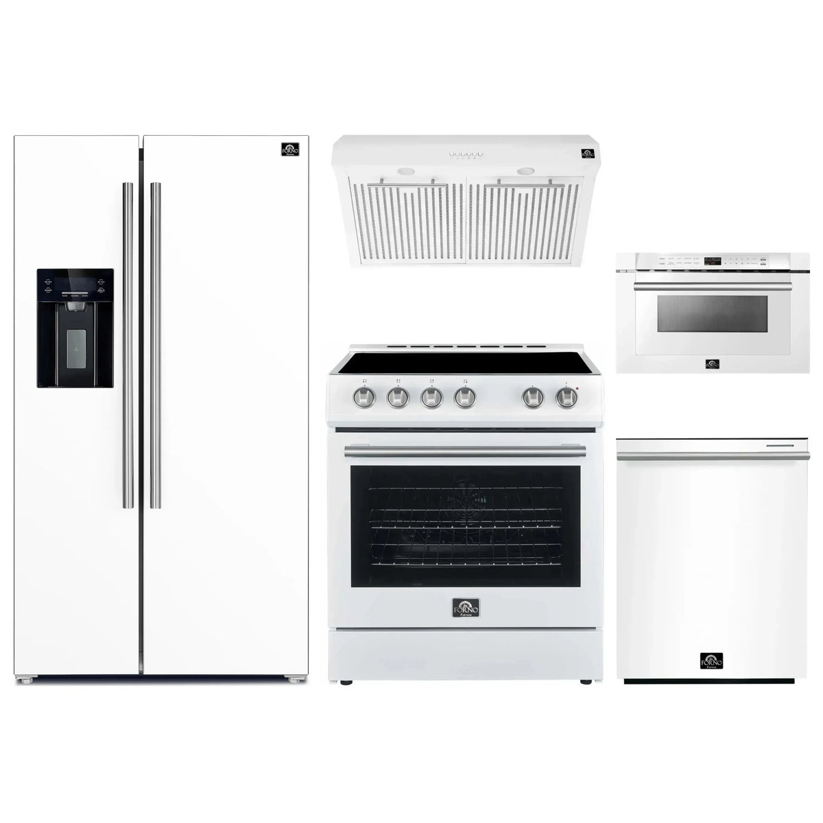 Forno 5-Piece Appliance Package - 30-Inch Electric Range, Under Cabinet Range Hood, Refrigerator with Water Dispenser, Dishwasher, and  Microwave Drawer in White with Stainless Steel Trim