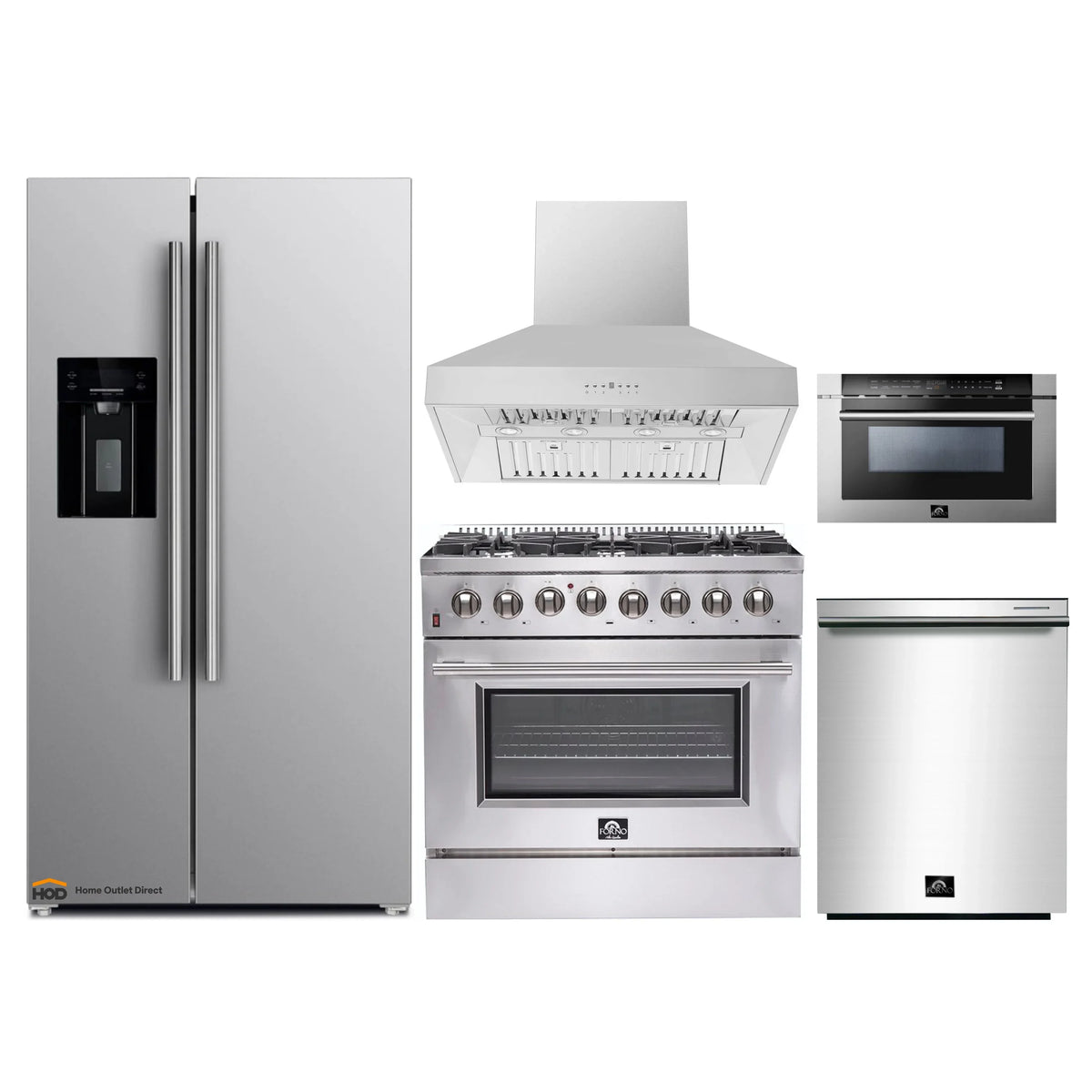 Forno 5-Piece Appliance Package - 36-Inch Dual Fuel Range, Refrigerator with Water Dispenser, Wall Mount Hood, 24-Inch Microwave Drawer, & 3-Rack Dishwasher in Stainless Steel