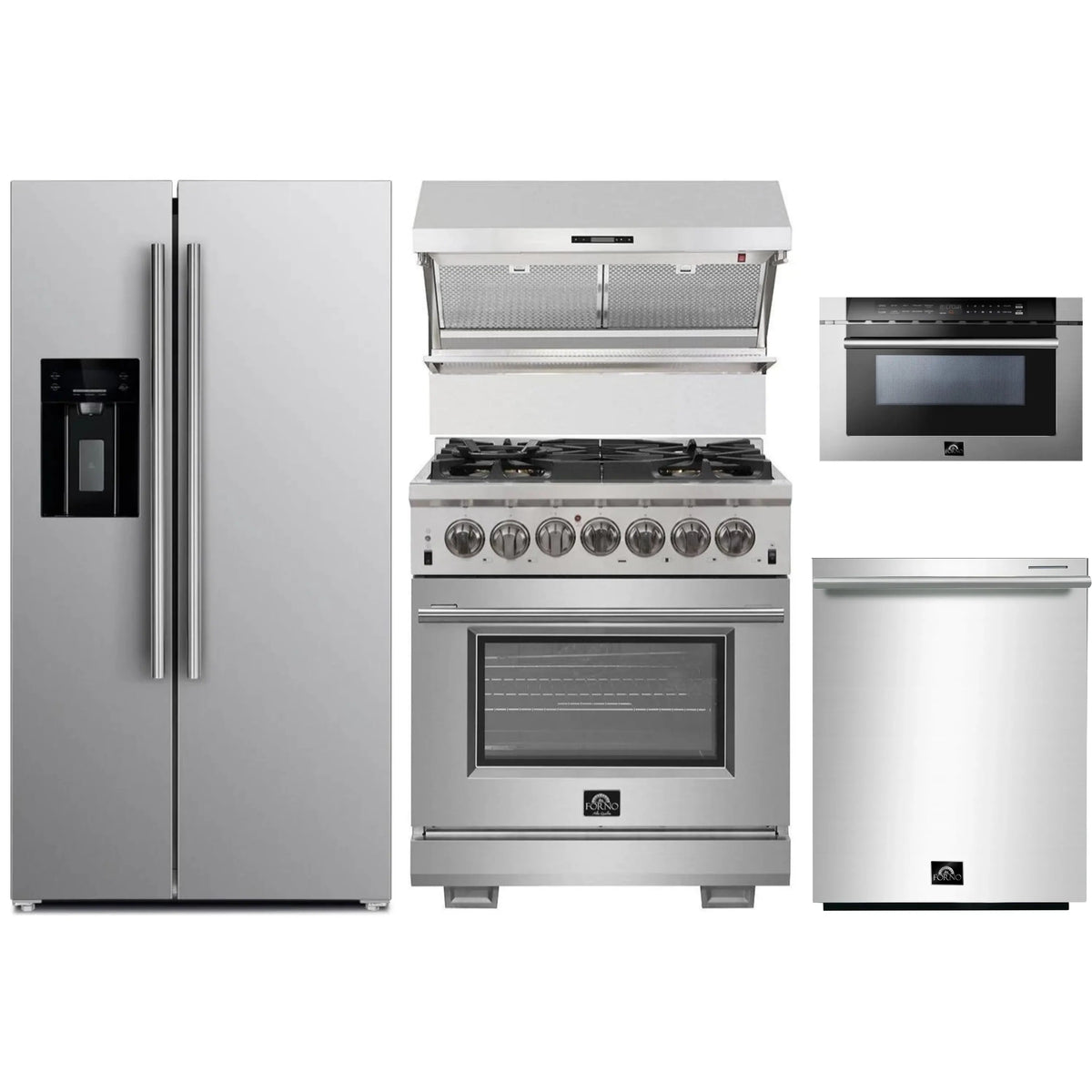 Forno 5-Piece Pro Appliance Package - 30-Inch Dual Fuel Range, Refrigerator with Water Dispenser, Wall Mount Hood with Backsplash, 24-Inch Microwave Drawer, & 3-Rack Dishwasher in Stainless Steel