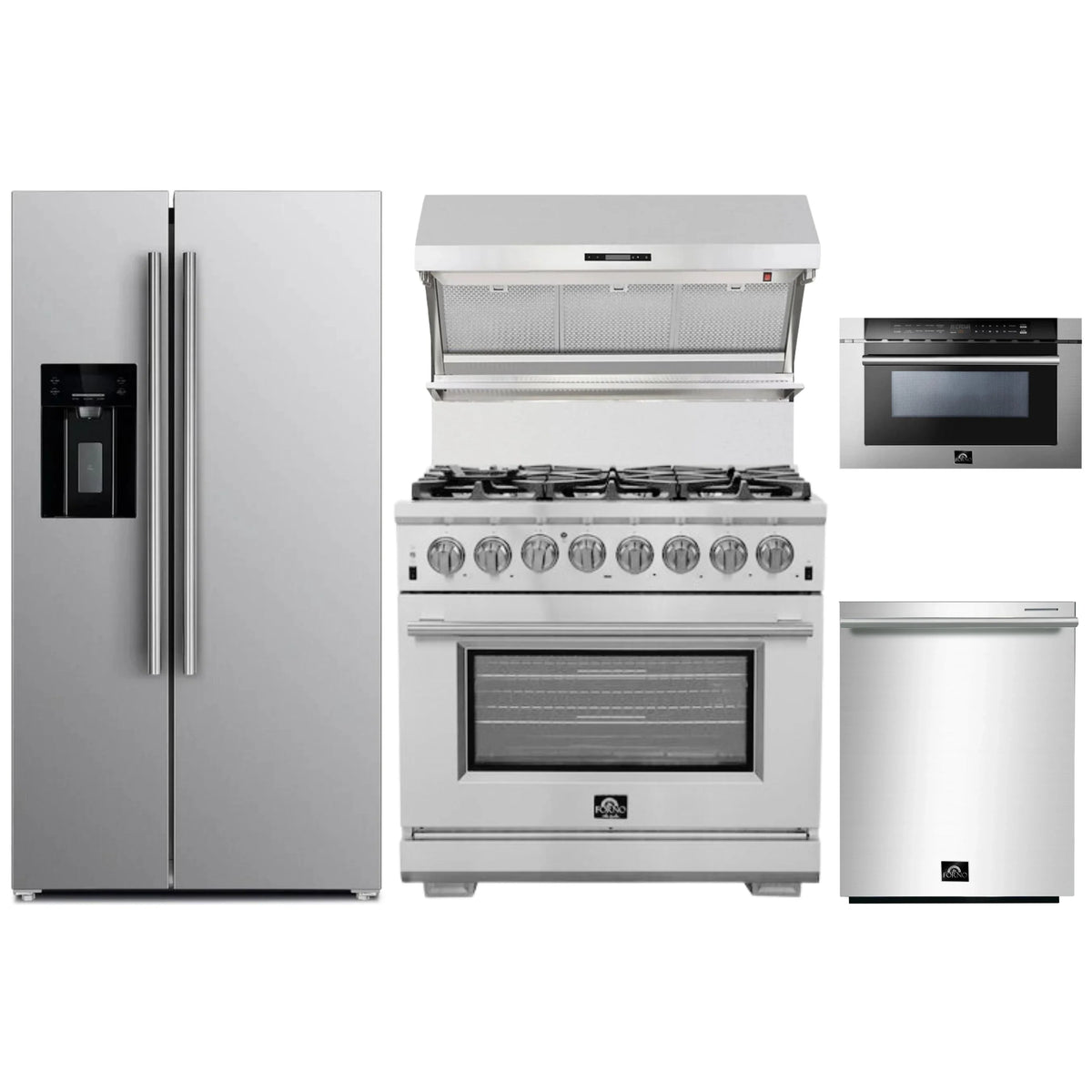 Forno 5-Piece Pro Appliance Package - 36-Inch Dual Fuel Range, Refrigerator with Water Dispenser, Wall Mount Hood with Backsplash, 24-Inch Microwave Drawer, & 3-Rack Dishwasher in Stainless Steel