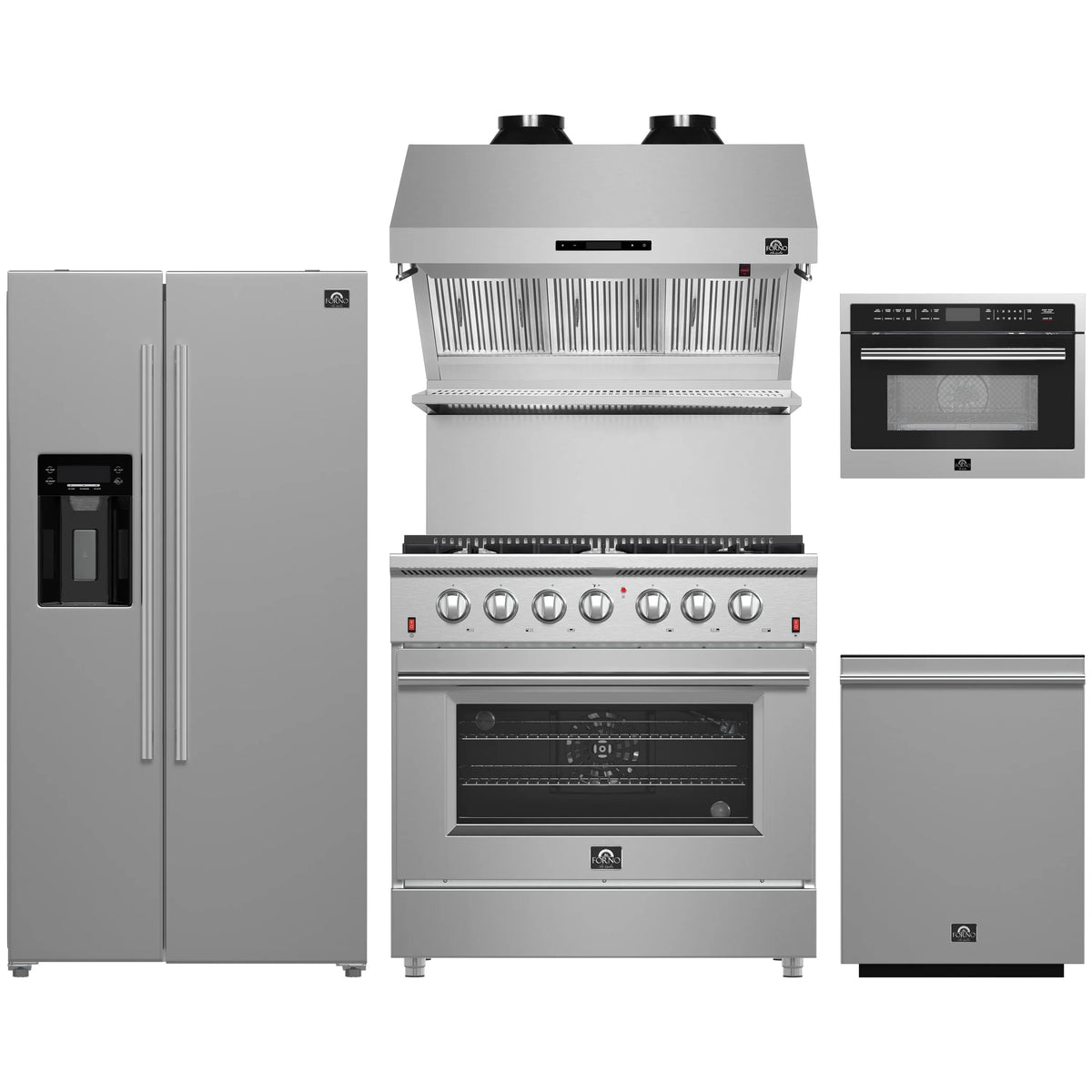 Forno 5-Piece Appliance Package - 36-Inch Gas Range, Refrigerator with Water Dispenser, Wall Mount Hood with Backsplash, 24-Inch Microwave Oven, & 3-Rack Dishwasher in Stainless Steel