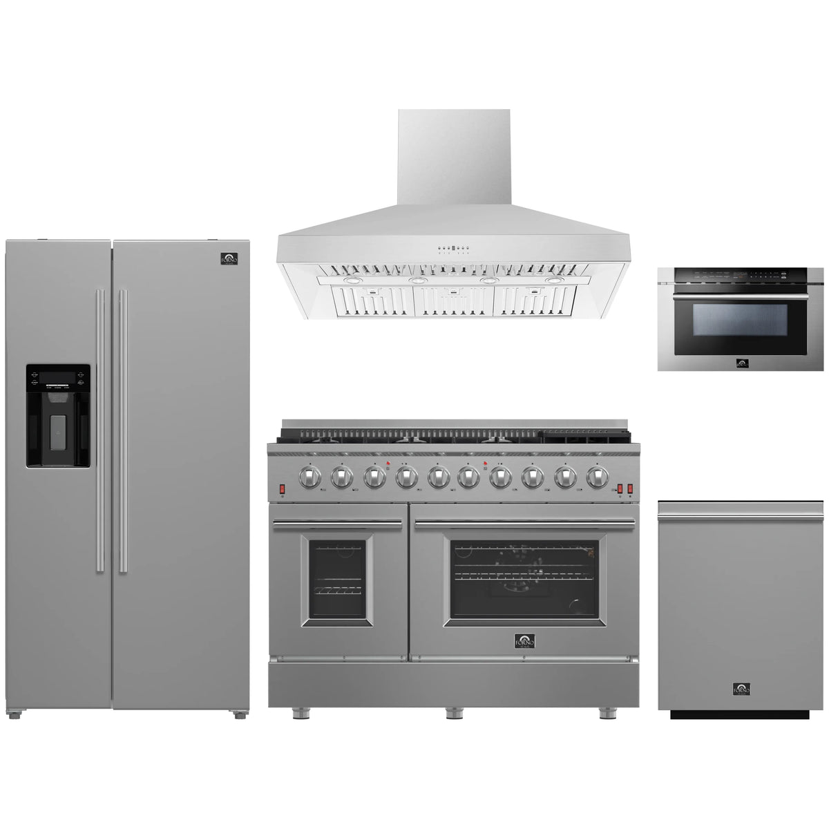 Forno 5-Piece Appliance Package - 48-Inch Gas Range, Refrigerator with Water Dispenser, Wall Mount Hood, 24-Inch Microwave Drawer, & 3-Rack Dishwasher in Stainless Steel