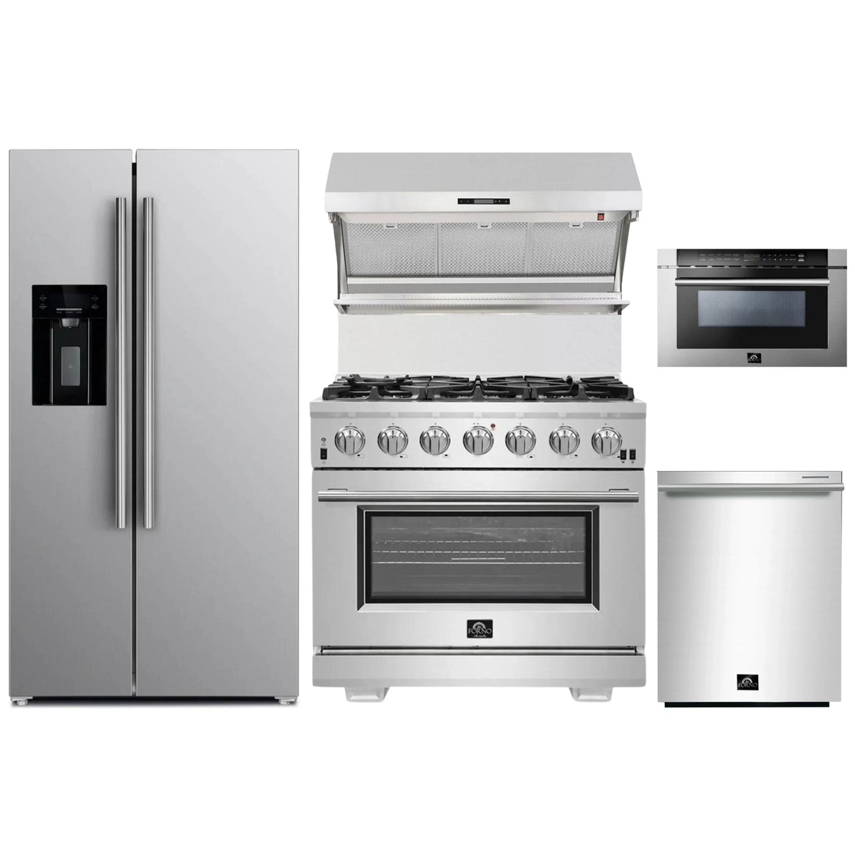 Forno 5-Piece Pro Appliance Package - 36-Inch Gas Range, Refrigerator with Water Dispenser, Wall Mount Hood with Backsplash, 24-Inch Microwave Drawer, & 3-Rack Dishwasher in Stainless Steel