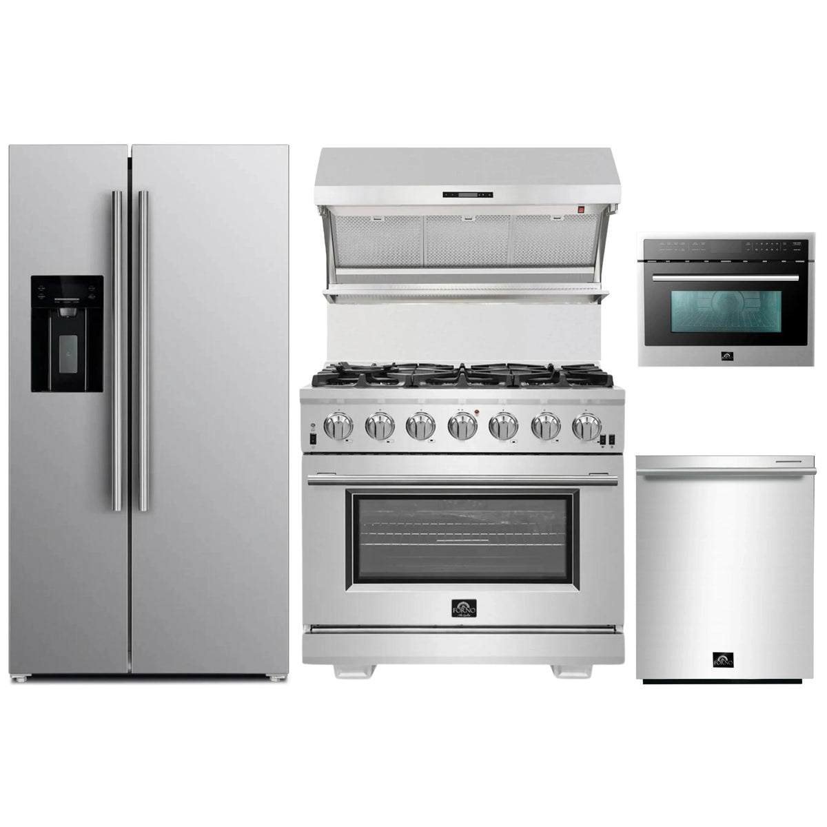 Forno 5-Piece Pro Appliance Package - 36-Inch Gas Range, Refrigerator with Water Dispenser, Wall Mount Hood with Backsplash, 24-Inch Microwave Oven, & 3-Rack Dishwasher in Stainless Steel
