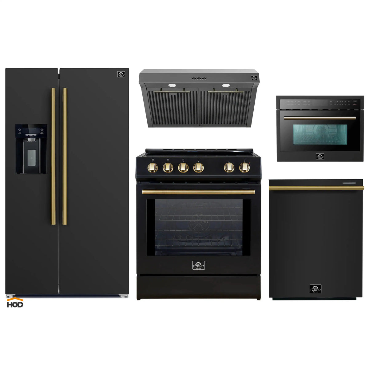 Forno 5-Piece Appliance Package - 30-Inch Inducton Range, Under Cabinet Range Hood, Refrigerator with Water Dispenser, Dishwasher, and 24-Inch Microwave Oven in Black with Antique Brass Trim