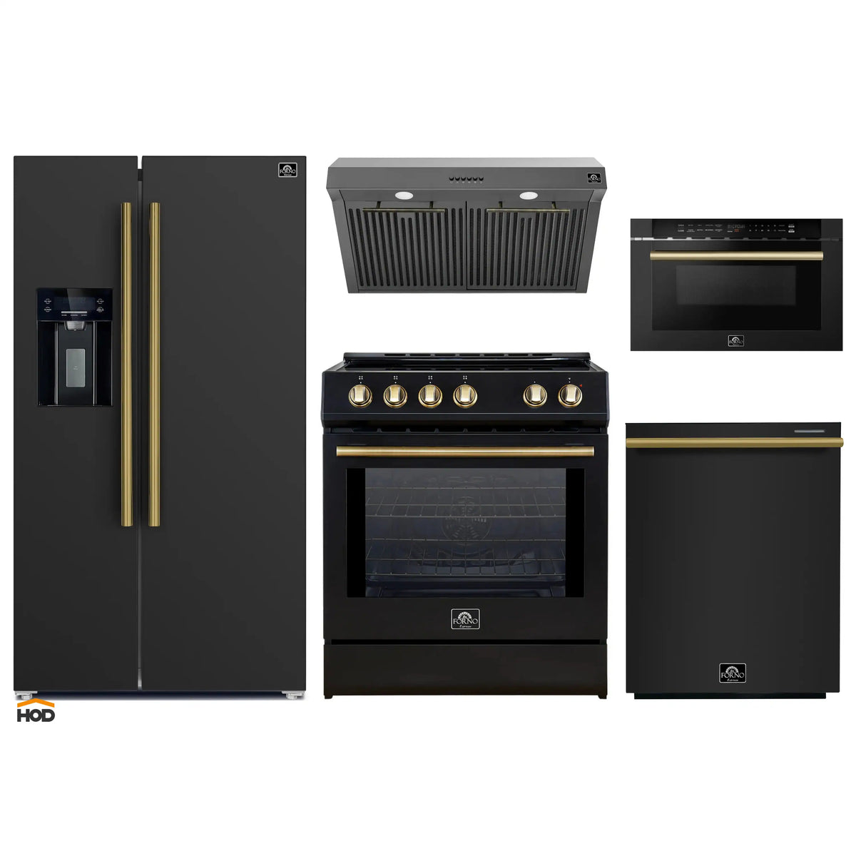 Forno 5-Piece Appliance Package - 30-Inch Induction Range, Under Cabinet Range Hood,  French Door Refrigerator with Water Dispenser, Dishwasher, and  Microwave Drawer in Black with Antique Brass Trim