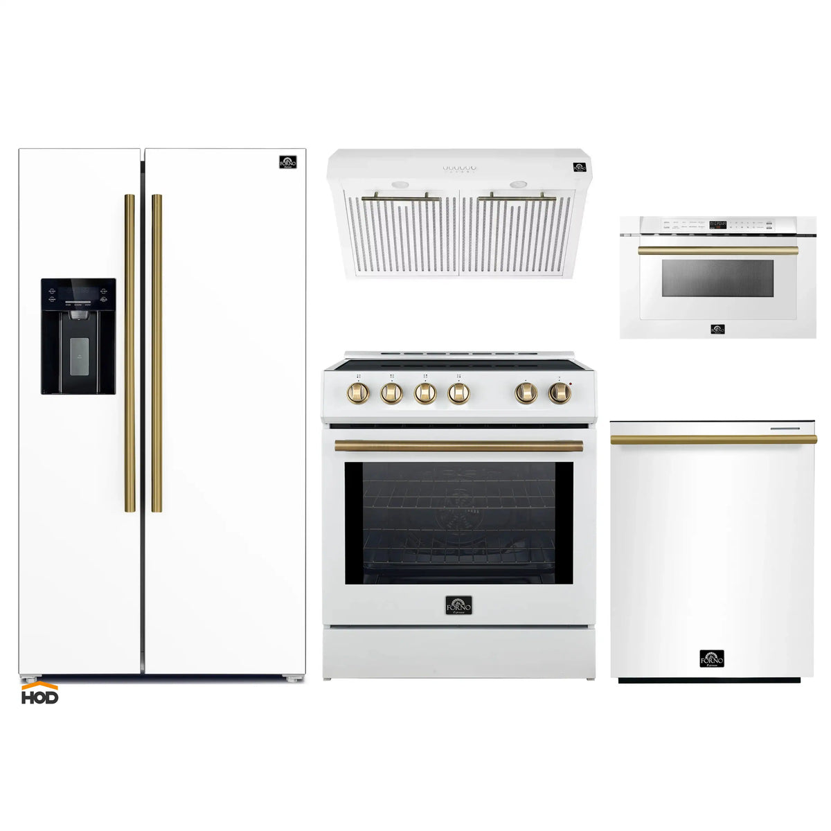 Forno 5-Piece Appliance Package - 30-Inch Induction Range, Under Cabinet Range Hood,  French Door Refrigerator with Water Dispenser, Dishwasher, and  Microwave Drawer in White with Antique Brass Trim