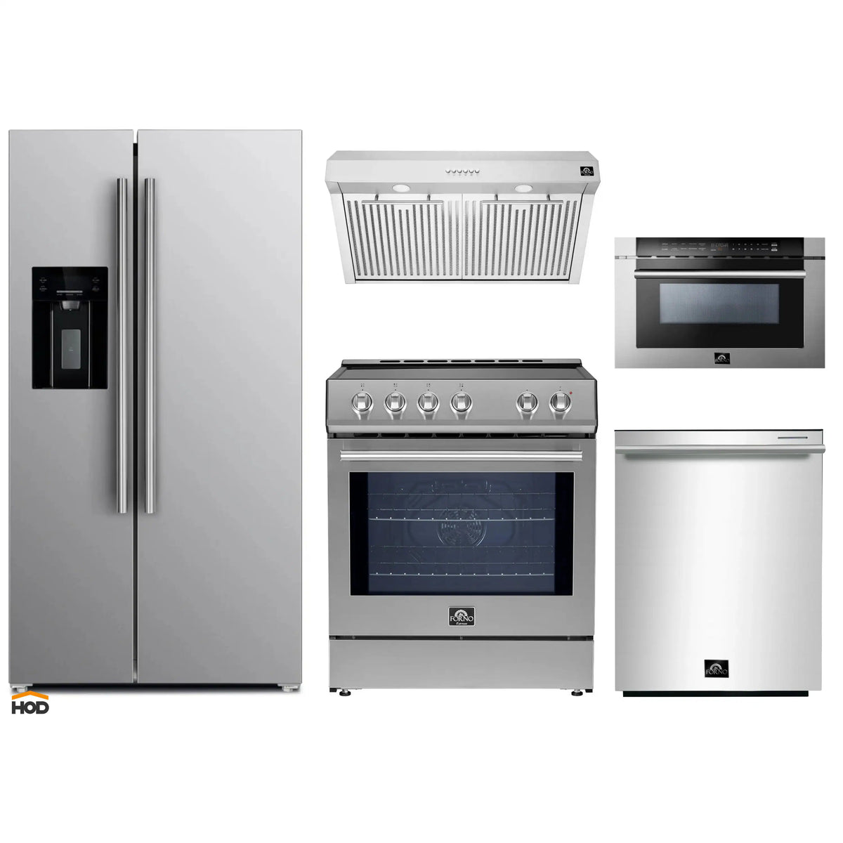Forno 5-Piece Appliance Package - 30-Inch Induction Range, Under Cabinet Range Hood,  French Door Refrigerator with Water Dispenser, Dishwasher, and  Microwave Drawer in Stainless Steel