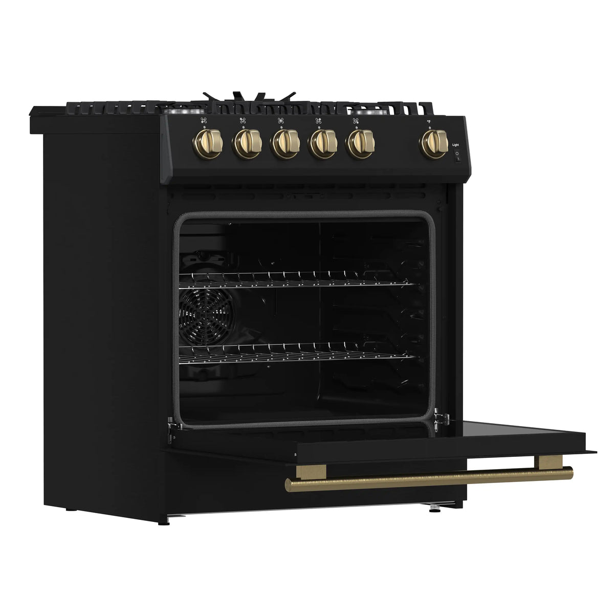 Forno 4-Piece Appliance Package - 30-Inch Espresso Gas Range , Wall Mount Range Hood, 36-Inch French Door Refrigerator, and Dishwasher in Black with Antique Brass Trim