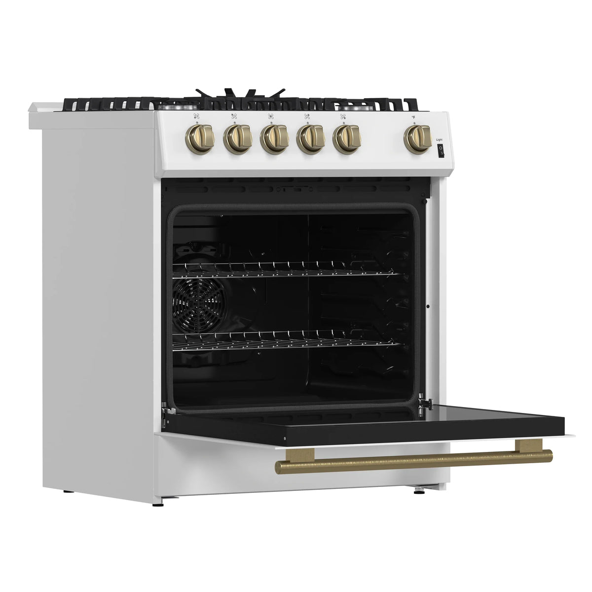 Forno 4-Piece Appliance Package - 30-Inch Espresso Gas Range , Wall Mount Range Hood, 36-Inch French Door Refrigerator, and Dishwasher in White with Antique Brass Trim