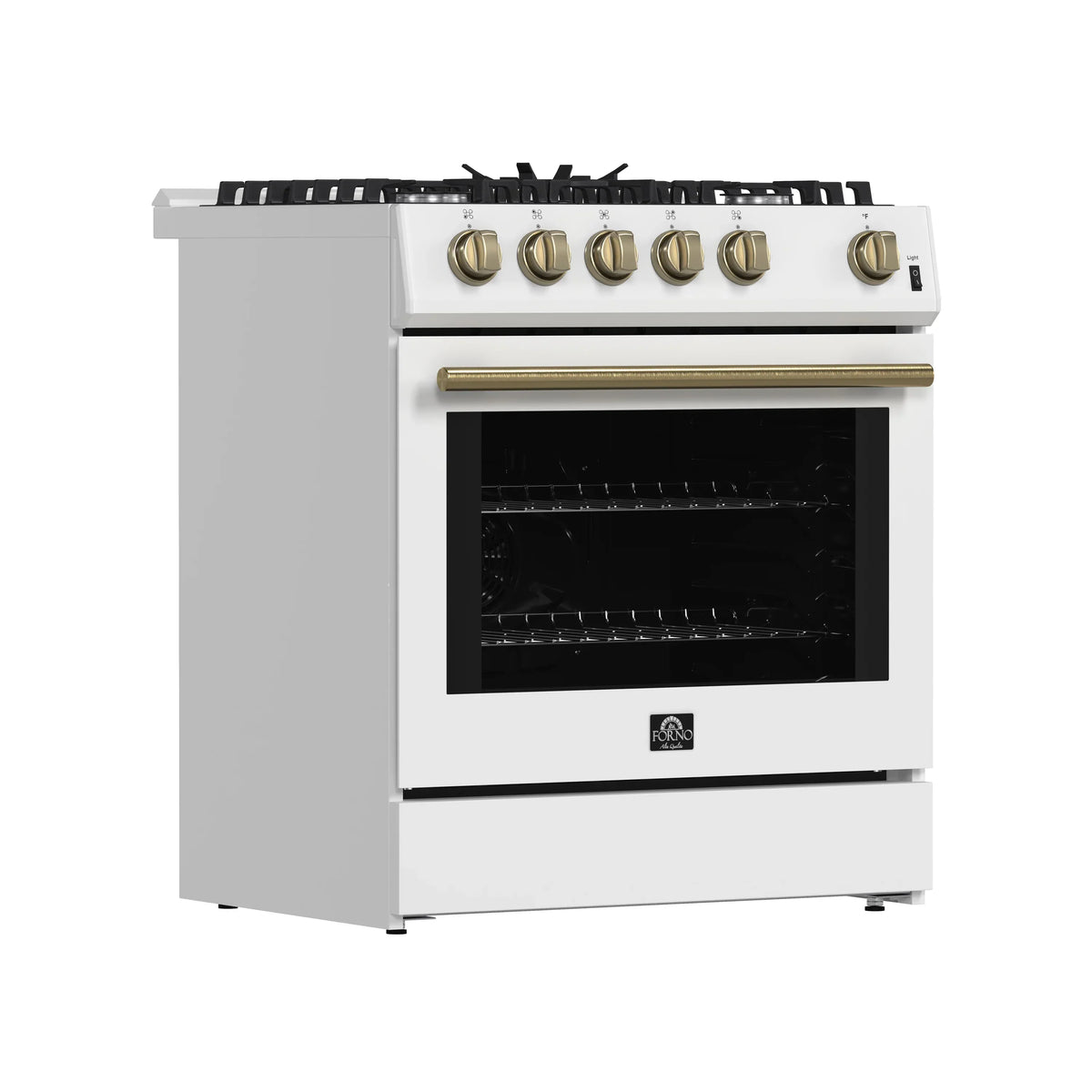 Forno 4-Piece Appliance Package - 30-Inch Espresso Gas Range , Wall Mount Range Hood, 36-Inch French Door Refrigerator, and Dishwasher in White with Antique Brass Trim