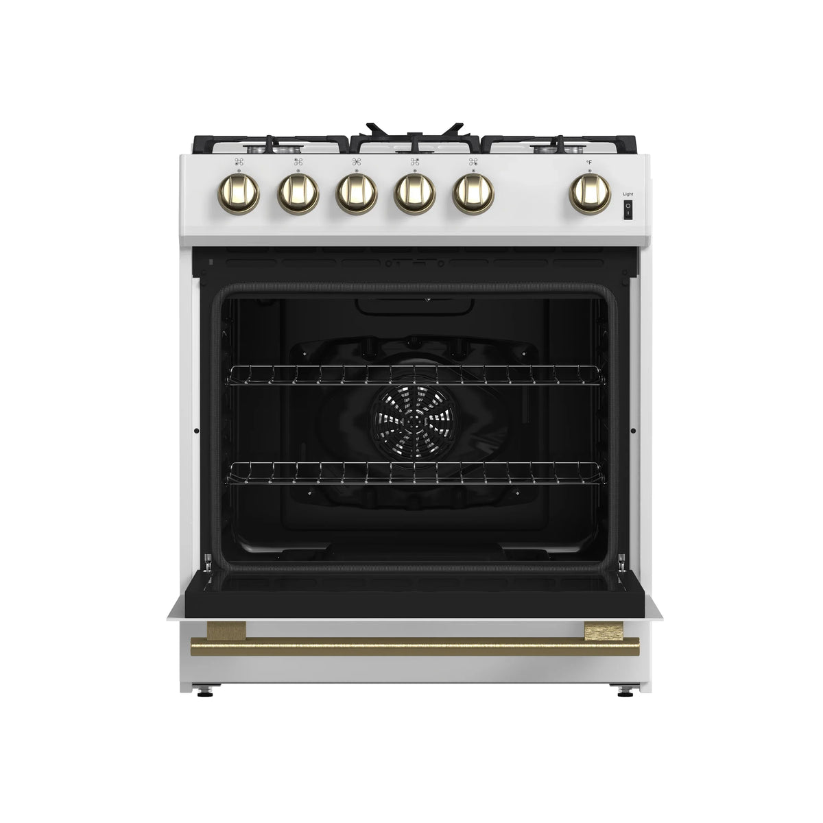 Forno 4-Piece Appliance Package - 30-Inch Espresso Gas Range , Wall Mount Range Hood, 36-Inch French Door Refrigerator, and Dishwasher in White with Antique Brass Trim
