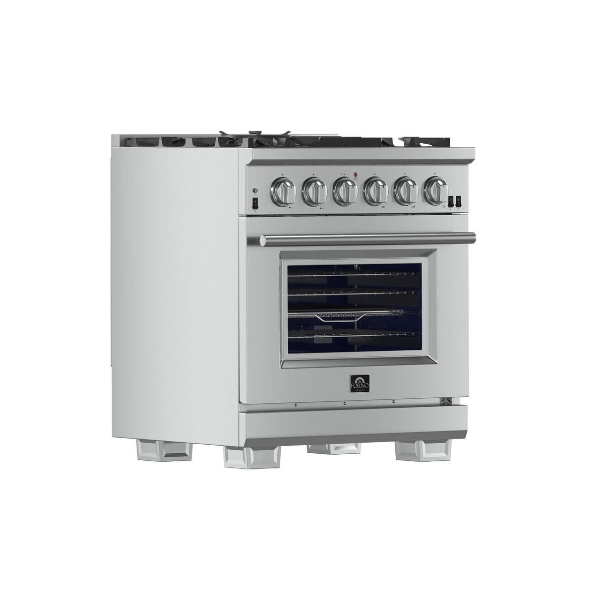Forno 3-Piece Appliance Package - 30-Inch Gas Range, 60-Inch Pro-Style Refrigerator & Wall Mount Hood with Backsplash in Stainless Steel