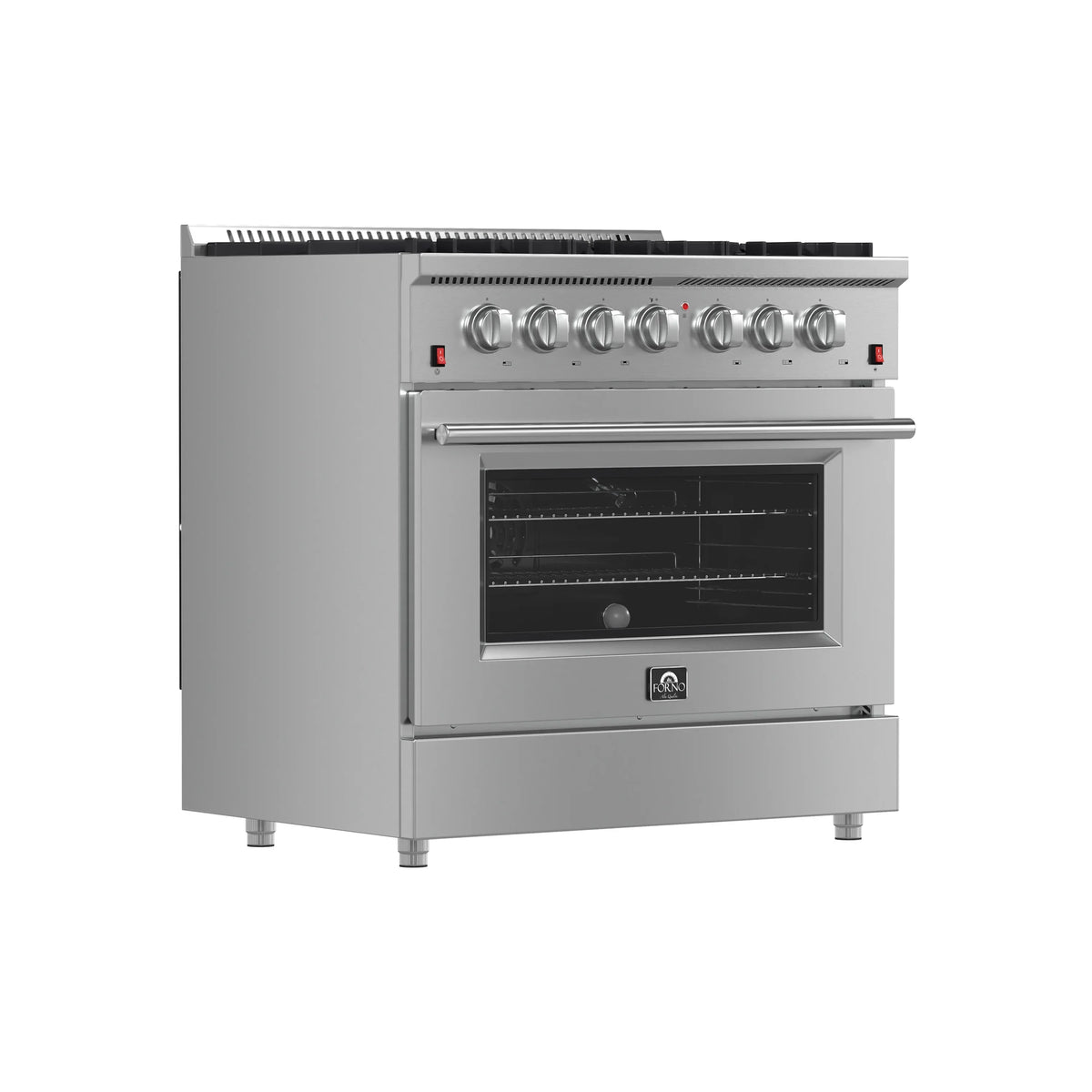 Forno 4-Piece Appliance Package - 36-Inch Gas Range, Refrigerator, Wall Mount Hood, & 3-Rack Dishwasher in Stainless Steel