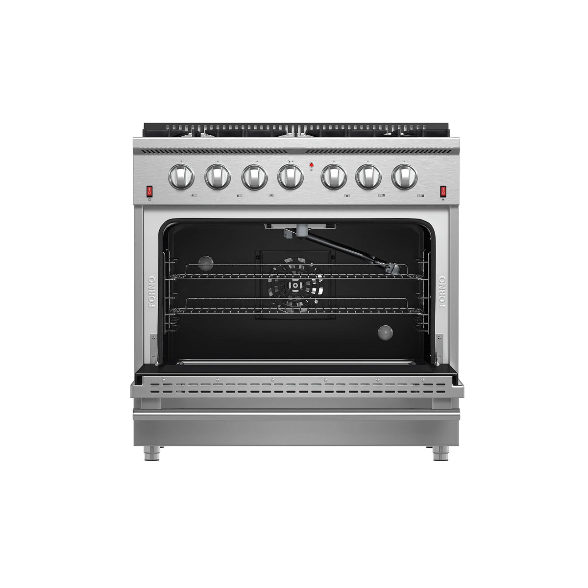 Forno 5-Piece Appliance Package - 36-Inch Gas Range, Refrigerator with Water Dispenser, Wall Mount Hood with Backsplash, 24-Inch Microwave Oven, & 3-Rack Dishwasher in Stainless Steel