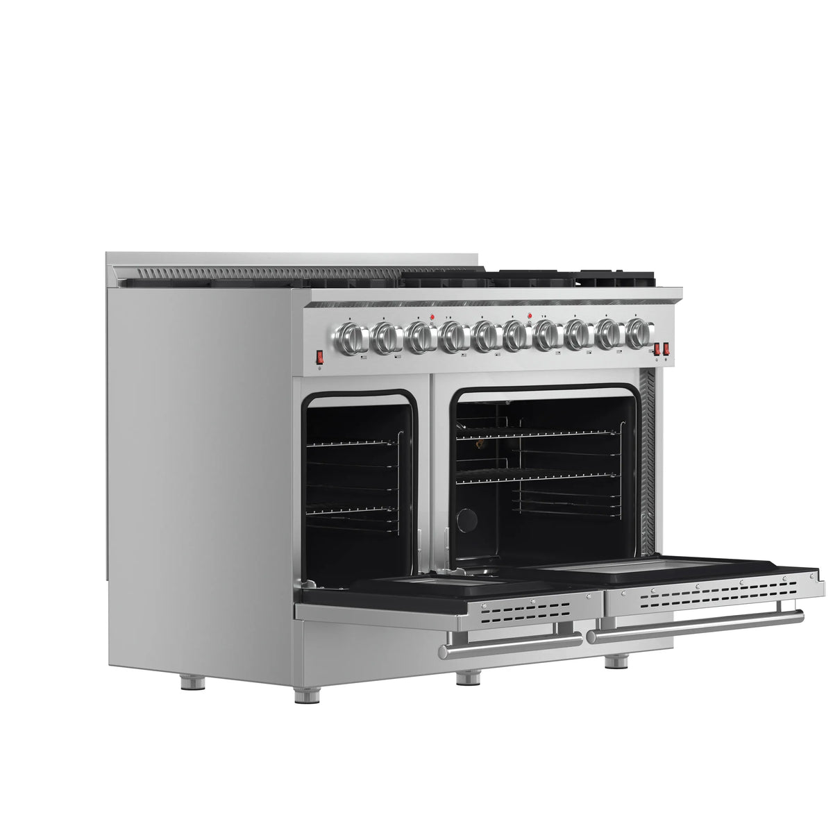 Forno 5-Piece Appliance Package - 48-Inch Gas Range, Refrigerator with Water Dispenser, Wall Mount Hood with Backsplash, 24-Inch Microwave Oven, & 3-Rack Dishwasher in Stainless Steel
