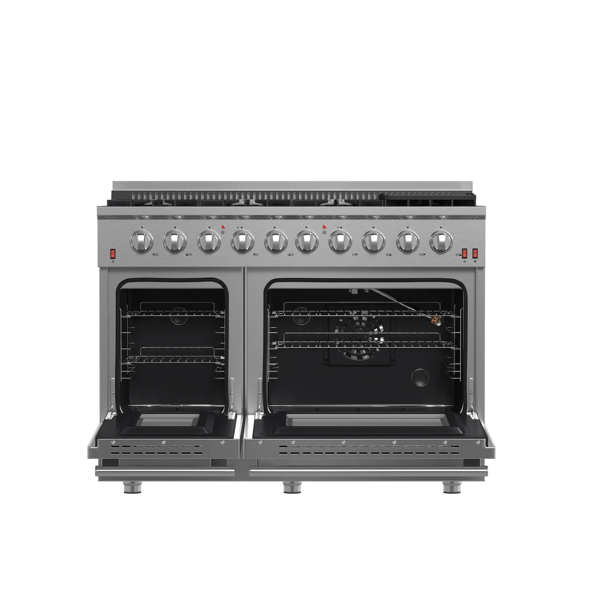 Forno 5-Piece Appliance Package - 48-Inch Gas Range, Refrigerator with Water Dispenser, Wall Mount Hood with Backsplash, 24-Inch Microwave Oven, & 3-Rack Dishwasher in Stainless Steel