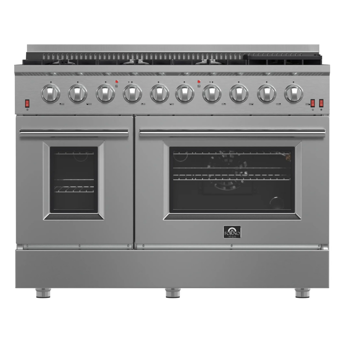 Forno 5-Piece Appliance Package - 48-Inch Gas Range, Refrigerator with Water Dispenser, Wall Mount Hood with Backsplash, 24-Inch Microwave Oven, & 3-Rack Dishwasher in Stainless Steel