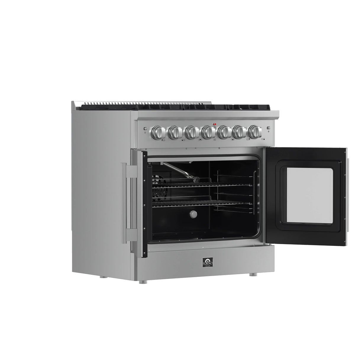 Forno 5-Piece Appliance Package - 36-inch Gas Range, Hood, Refrigerator, Dishwasher and 30-Inch Microwave Drawer in Stainless Steel