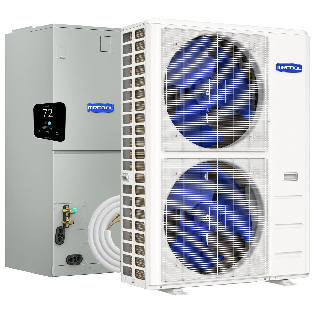 MRCOOL Hyper Heat 2nd Gen 60K BTU, 5 Ton, 16 SEER2 Heat Pump Condenser and Ducted Air Handler with 50 Ft. R-454B No-Vac Line Set (CENTRAL-60-HP-230B50)
