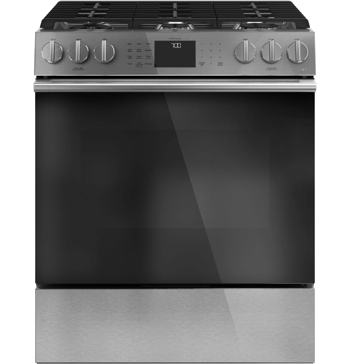 Cafe CGS700M2NS5 Café 30" Smart Slide-in, Front-control, Gas Range With Convection Oven In Platinum Glass