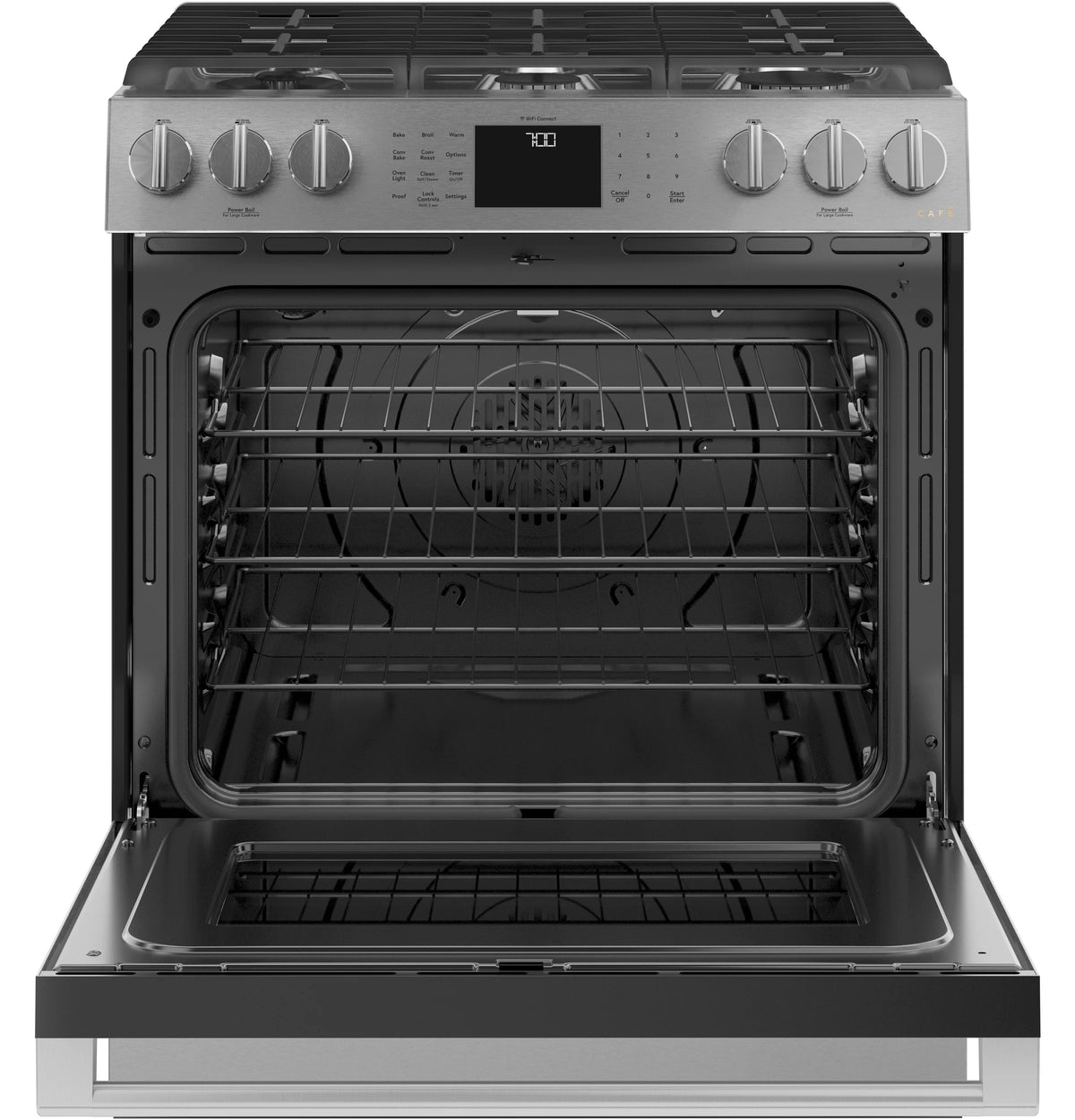 Cafe CGS700M2NS5 Café 30" Smart Slide-in, Front-control, Gas Range With Convection Oven In Platinum Glass