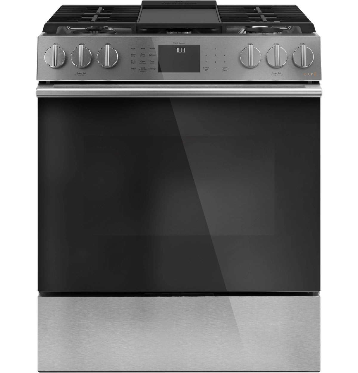 Cafe CGS700M2NS5 Café 30" Smart Slide-in, Front-control, Gas Range With Convection Oven In Platinum Glass