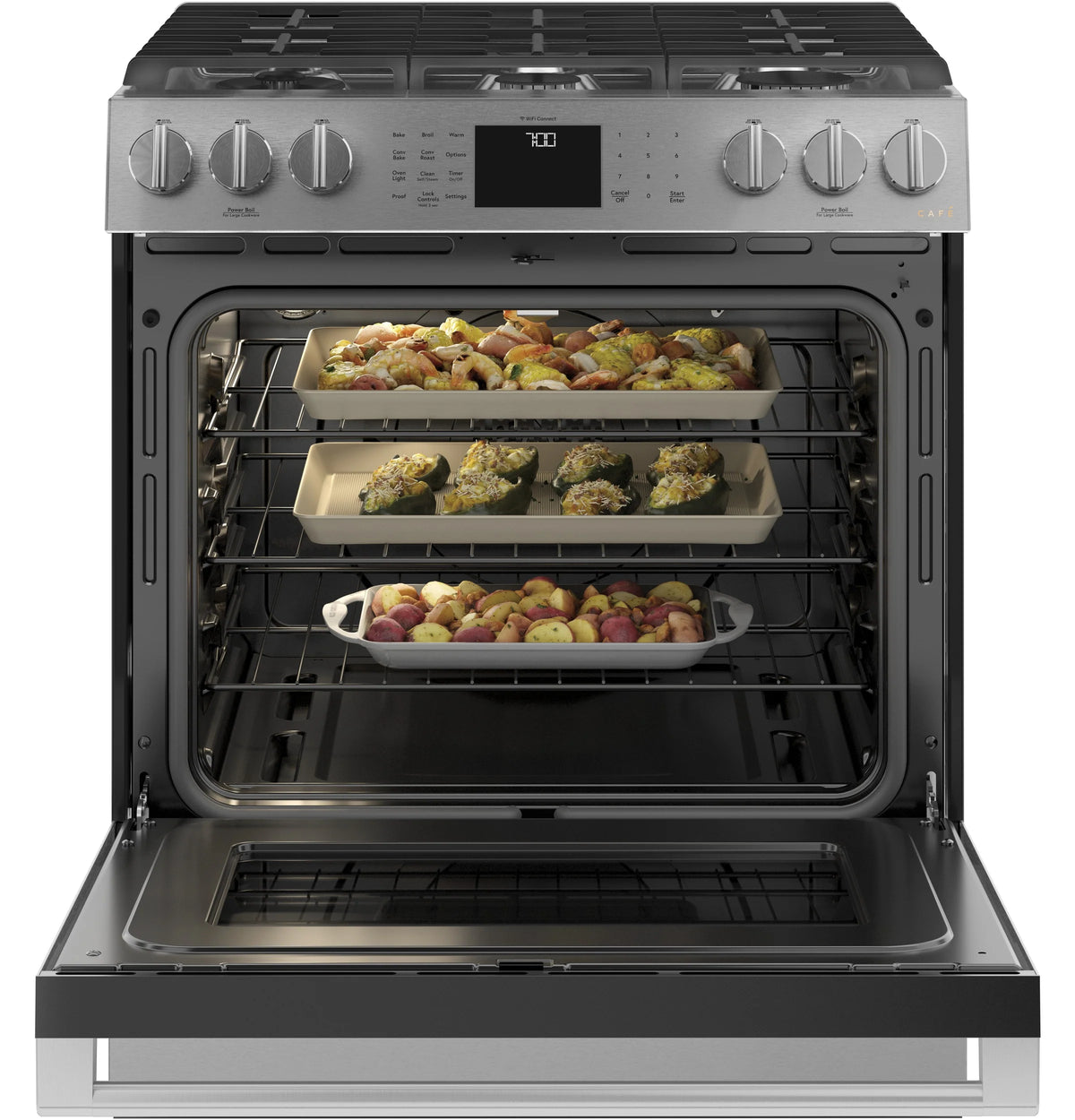 Cafe CGS700M2NS5 Café 30" Smart Slide-in, Front-control, Gas Range With Convection Oven In Platinum Glass