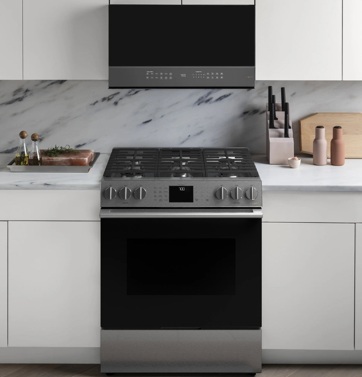 Cafe CGS700M2NS5 Café 30" Smart Slide-in, Front-control, Gas Range With Convection Oven In Platinum Glass