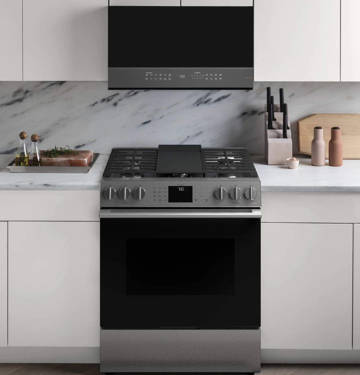 Cafe CGS700M2NS5 Café 30" Smart Slide-in, Front-control, Gas Range With Convection Oven In Platinum Glass