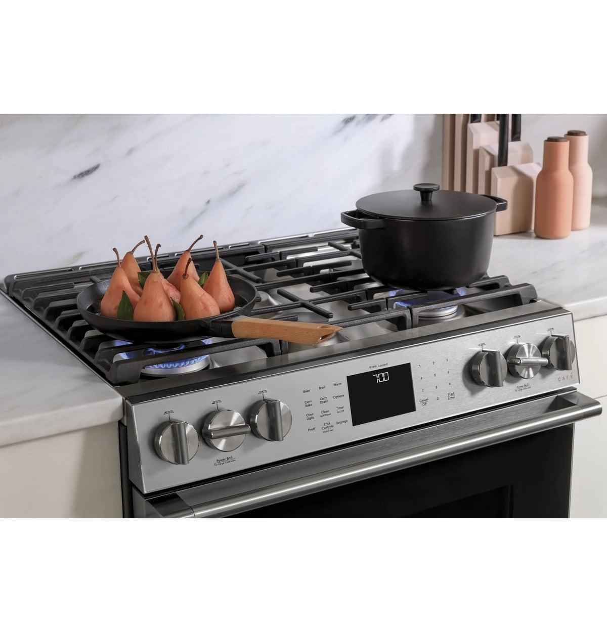 Cafe CGS700M2NS5 Café 30" Smart Slide-in, Front-control, Gas Range With Convection Oven In Platinum Glass