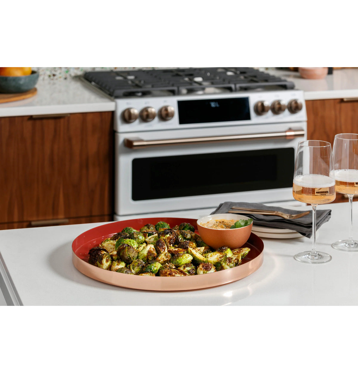 Cafe CGS700M2NS5 Café 30" Smart Slide-in, Front-control, Gas Range With Convection Oven In Platinum Glass
