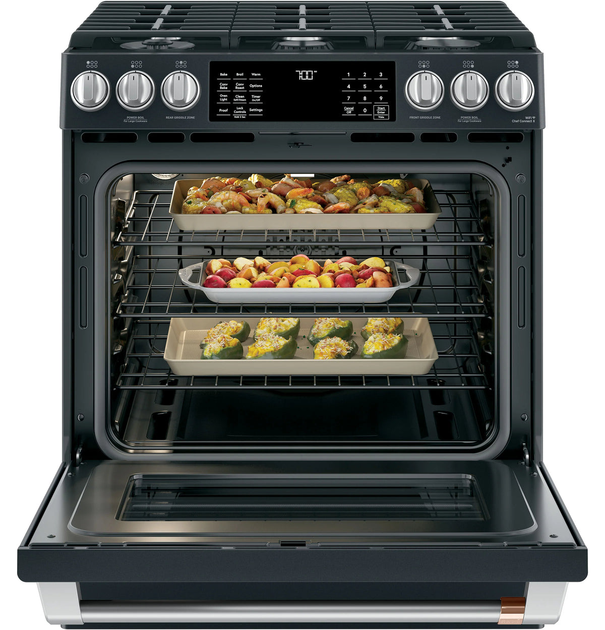 Cafe CGS700P3MD1 Café 30" Smart Slide-in, Front-control, Gas Range With Convection Oven Matte Black