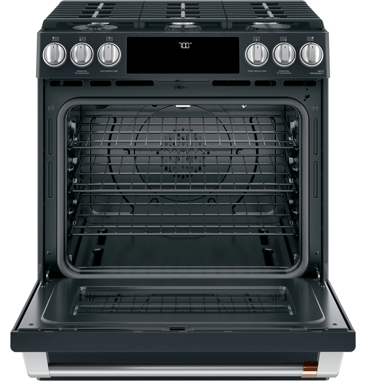 Cafe CGS700P3MD1 Café 30" Smart Slide-in, Front-control, Gas Range With Convection Oven Matte Black
