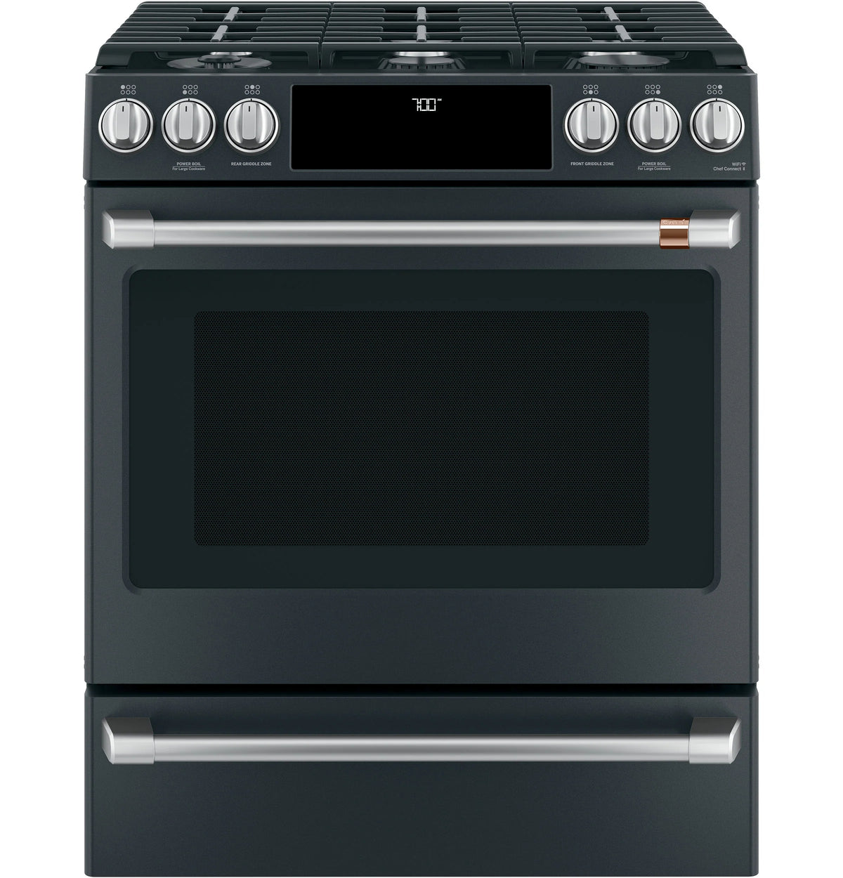 Cafe CGS700P3MD1 Café 30" Smart Slide-in, Front-control, Gas Range With Convection Oven Matte Black
