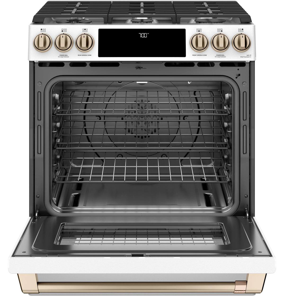 Cafe CGS700P4MW2 Café 30" Smart Slide-in, Front-control, Gas Range With Convection Oven Matte White