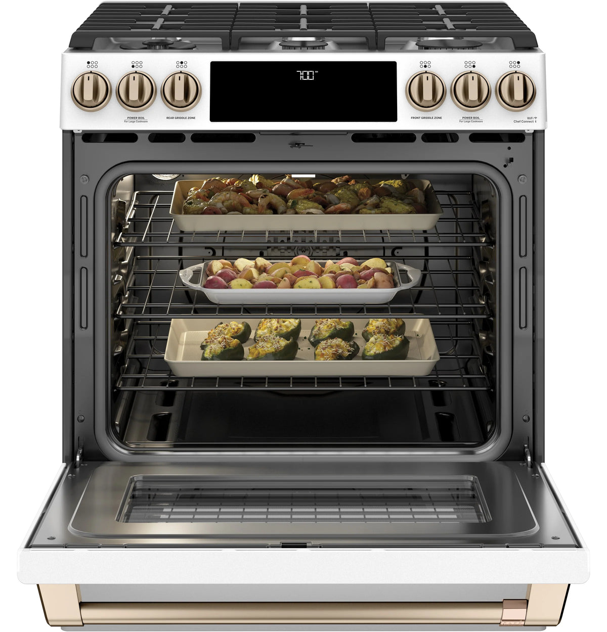 Cafe CGS700P4MW2 Café 30" Smart Slide-in, Front-control, Gas Range With Convection Oven Matte White