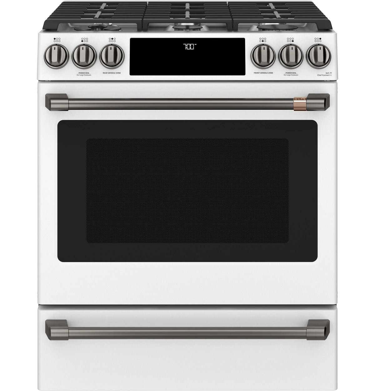 Cafe CGS700P4MW2 Café 30" Smart Slide-in, Front-control, Gas Range With Convection Oven Matte White