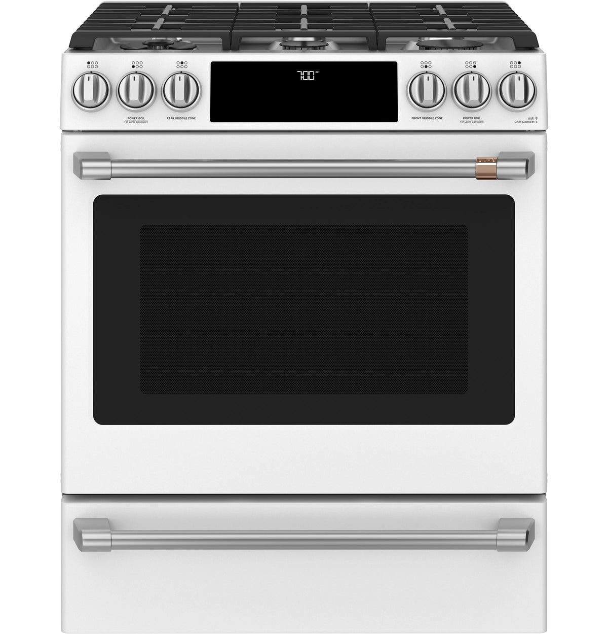Cafe CGS700P4MW2 Café 30" Smart Slide-in, Front-control, Gas Range With Convection Oven Matte White