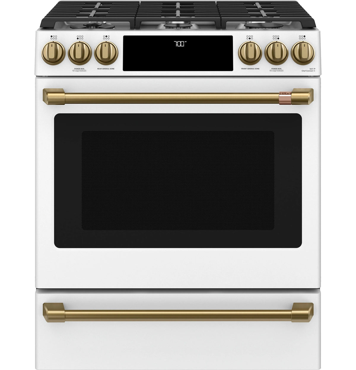 Cafe CGS700P4MW2 Café 30" Smart Slide-in, Front-control, Gas Range With Convection Oven Matte White