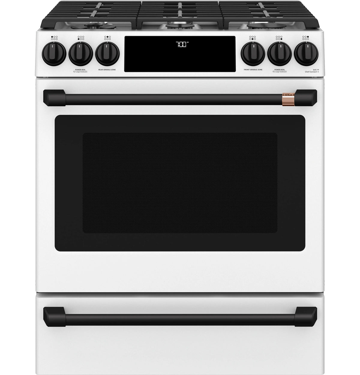 Cafe CGS700P4MW2 Café 30" Smart Slide-in, Front-control, Gas Range With Convection Oven Matte White