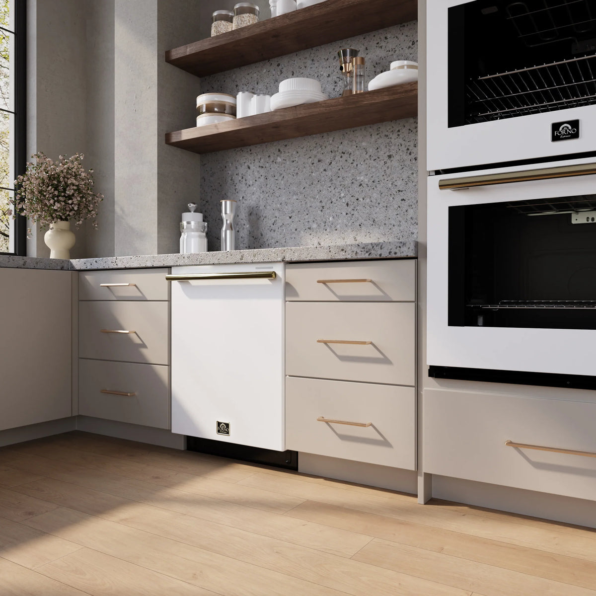 Forno Stella 24-Inch Built-in Dishwasher in White with Antique Brass Handle, Tall Tub, Top Touch Control, Quiet 44 dBA, Soil-Sensing Capable, NSF & ENERGY STAR (FDWBI8010-24WHT)