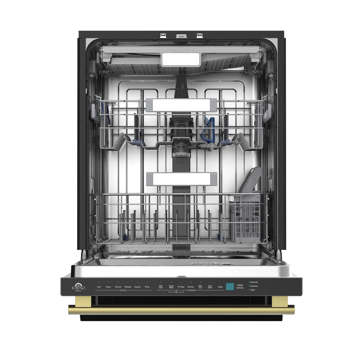 Forno Stella 24-Inch Built-in Dishwasher in Black with Antique Brass Handle, Tall Tub, Top Touch Control, Quiet 44 dBA, Soil-Sensing Capable, NSF & ENERGY STAR (FDWBI8010-24BLK)