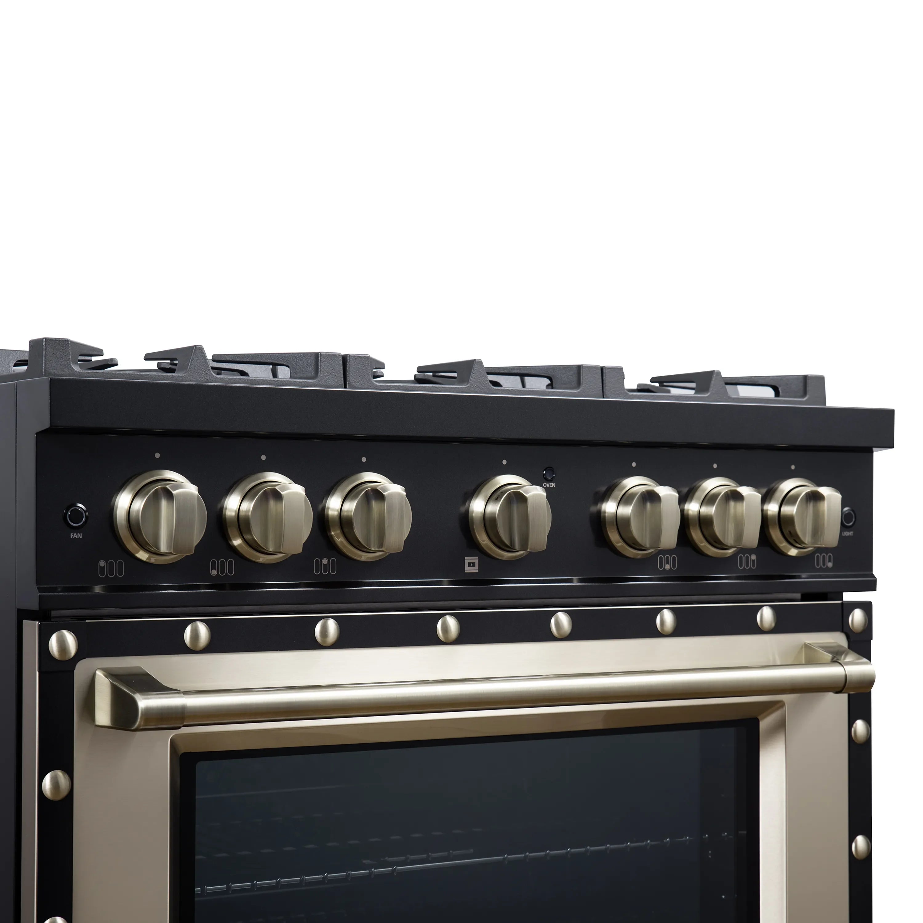 FORNO Valente 36-Inch Dual Fuel Range in Black with Antique Brass Handle and Decorative Copper Trim, 5.2 Cu. Ft. Convection Oven, 6 Sealed Burners, 71,000 BTU (FFSGS6199-36CPBLK)