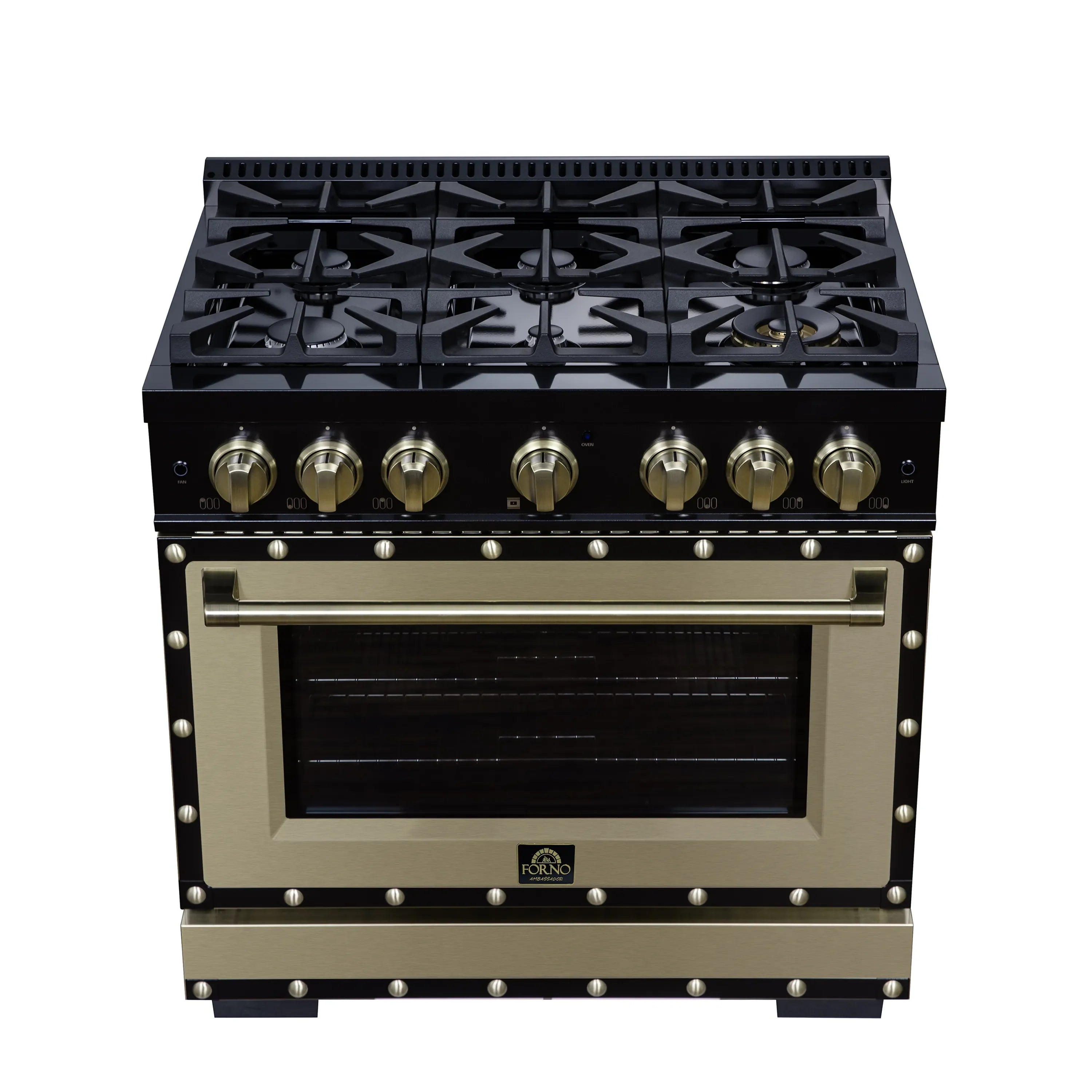 FORNO Valente 36-Inch Dual Fuel Range in Black with Antique Brass Handle and Decorative Copper Trim, 5.2 Cu. Ft. Convection Oven, 6 Sealed Burners, 71,000 BTU (FFSGS6199-36CPBLK)